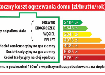 Roczny koszt ogrzewania domu - Ulotka przedstawiająca koszty ogrzewania uzależnione od rodzaju opału.